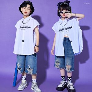 Kids Hip Hop Clothing: White Short Sleeve casual shirts and Denim Shorts Set for Jazz Dance Costumes