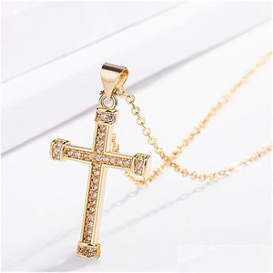 Pendant Necklaces 24K Gold Diamond Jesus Cross Necklace Crystal Row Women Men Fashion Jewelry Will And Sandy Drop Delivery Pendants Dhwr9