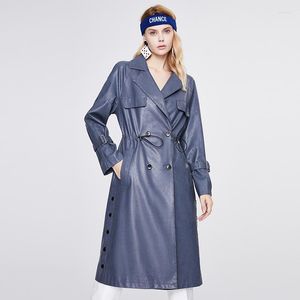 Women's Leather JAZZEVAR Trench Coat Female Cloak 2023 Autumn And Winter Double-breasted Over-the-knee Long Loose Windbreaker