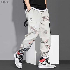 Streetwear Men Joggers Sweatpants Print Black White Cargo Pants Techwear Harem Pants Ankle length Trousers Sport Casual Running L230520