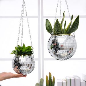 Bohemian Style Flower Planter Pots Disco Ball Hanging Flower Pot for Indoor Plants Rope Mirror Hanging Basket Garden Decor Vase