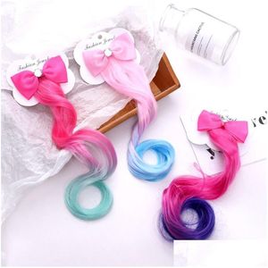 Hårklämmor Barrettes Colorf Bow Knot Hårstycke Wig Girls Children Hairs Extension Bobby Pin Clasp Birthday Cosplay Fashion Jewelry DHGTJ