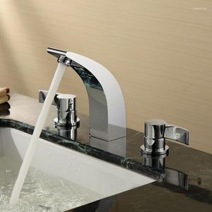 Banyo lavabo muslukları yaygın krom musluk pirinç çift sap iki havza mikser musluk vanity soğuk ve su