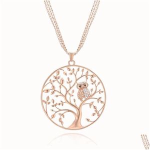 Hänge halsband Small Owl Tree of Life Halsband för kvinnor Rhinestone Rose Gold tröja Långt uttalande smycken Bijoux Drop de Dhdoj