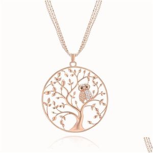 Collane con ciondolo Gufo piccolo Albero della vita Collana per donna Strass Catena maglione in oro rosa Gioielli dichiarazione lunga Bijoux Drop De Dhdoj