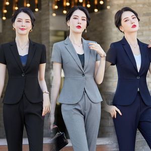 Women's Two Piece Pants Summer Short Sleeve Commute Slim-Fit Trousers Suit One Button Solid Color Black Work Uniforms Student School Uniform