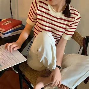 Women's T-Shirt Striped Summer Knitted T-Shirts Women O-Neck Short Sleeve Casual Knitwear Shirts Tops Casual Thin Fench Top Tees Vintage Korean 230606