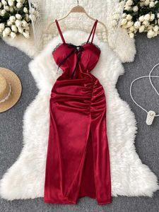 Casual Dresses Fashion Christmas Red Split Long Elegant High Waist Lace Patch Work Band Satin Dress Party Tank Top P230606