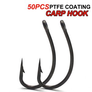 Anzóis de pesca 50 peças Carpa Revestimento PTFE Aço inoxidável de alto carbono farpado para Rig Matt Black Curve Shank Hook 230606