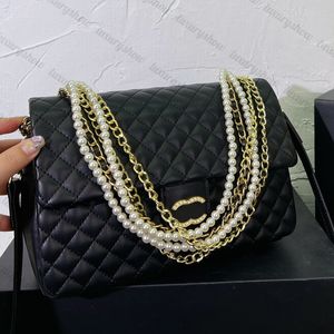 Klasik kadın tasarımcı lüks tek omuz çantası inci zinciri çanta çanta moda kıdemli siyah crossbody çanta