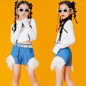 Stage Wear 2023 Jazz Dance Costumes For Girls White Tops Denim Shorts Ballroom Hip Hop Rave Clothes Performance DQS10886