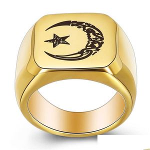 Anéis de banda muçulmanos Lesser Bairam estrela e lua anel ouro azul preto aço inoxidável sinete para homens moda jóias Will Sandy Drop Del Dhi5A