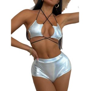 Women's Swimwear Swimsuit Bikini Twopiece Star Sequin Silver Halter Neck Strap 2023 Beach Outfits Sexy 230606