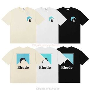 Tasarımcı Moda Giyim Tees Tshirt Rhude Çok yönlü mavi gün batımı klasik baskı yaz kısa kollu cadde gevşek rahat erkekler kadın yuvarlak boyun saf pamuk tsh