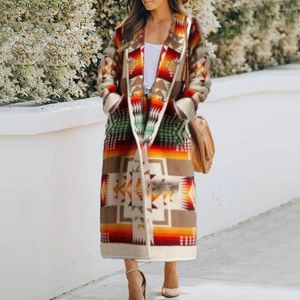 Kadın Ceketleri Kadın Kış Paltosu Tek Bravatalı Midi Uzunluk Gevşek Uzun Kollu Vintage Geometrik Baskı Plus Beden Kapüşonlu Zarif Bayan