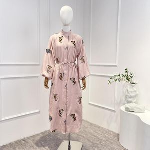 カジュアルドレス2023リネン最高品質春夏ヴィンテージロータスカラーマーメイド刺繍ロングランタンスリーブ女性用のゆるいミディドレス