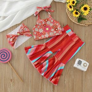 Conjuntos de roupas para meninas, verão, sem mangas, suspensório com estampa floral, decote, top, calças listradas, 2 peças, conjunto de boas-vindas, manga curta