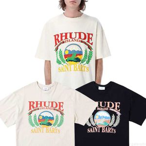 Camisas Rhude Beach Chair T-Shirt Sunshine Wheat Print High Street Vintage Cotton Men and Women Loose Short Sleeve T-shirt Top