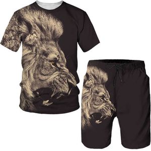 İzler Yaz 2022 3D baskı artı boyutu T-Shirt Tiger Aslan Vintage Style Kısa Kollu Set Yenilik Moda Harajuku Erkek Giyim P230605