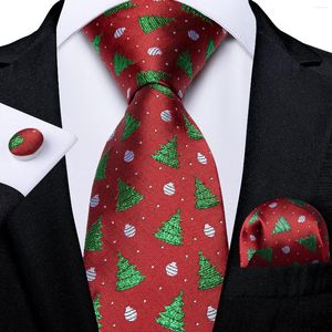 Bow Ties Red Green Christmas Tree Pattern Tryckt Silke For Men Party Neck Tie Pocket Square Cufflinks Set Gift Dibangu
