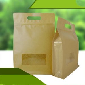 10pcs big brown Kraft paper packaging standing bag with clear window and handle coffee bags eight side sealing pouches