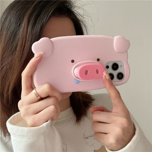 Schöne Silikon-Cartoon-Schwein-Stand-Hülle für iPhone 14 13 12 11 Plus Pro Max, stoßfest, 3D-Nasenhalter, niedliche weiche Schutzhülle