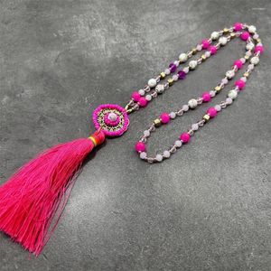 Colares com pingente de contas de cerâmica boêmio longo colar de cristal rosa acessório feminino suéter corrente couro sintético para festa