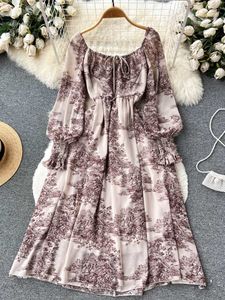캐주얼 드레스 빈티지 잉크 및 세척 페인팅 여성 2023 스프링/여름 레이스 긴 슬리브 드레스 P230606