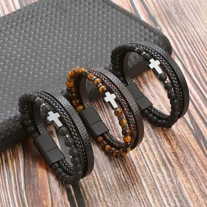 Herren-Stil, dreilagiges Lederarmband, Naturstein-Hämatit-Kreuzarmbänder, Schmuck als Geschenk