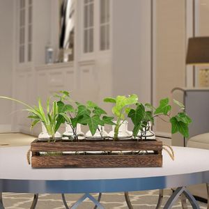 Set di vasi in vetro Vaso da fiori Piantagione d'acqua con 5 bottiglie trasparenti Supporto in legno Decorativo per la casa Vaso per piante per ufficio