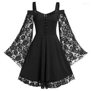 Sukienki swobodne Summer ciemna gotycka sukienka Kobieta w stylu Koronapowa patchwork Flare Sleeve Czarny A-Line Party Punk Costume