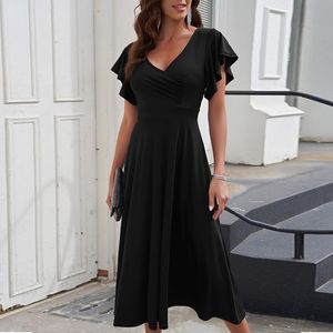 Dresses Women Lady Elegant Ruffled Sleeve Wrap V Neck Midi Dress