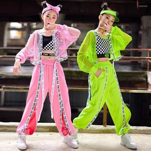 Palco desgaste crianças hip hop traje fluorescente verde net tops calças jazz dança roupas para meninas desempenho rua outfit