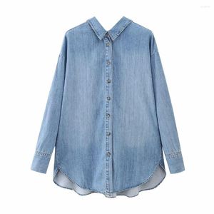 Camicette da donna Camicia di jeans oversize Donna Maniche lunghe Scollo profondo Dettaglio Orlo asimmetrico Donna Chic Lady Elegante Top 2023