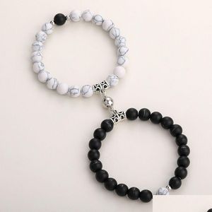 Beaded 2Pcs Creative Magnet Attract Couple Charm Strand Bracelets Good Friend Lover 8Mm Natural Stone Beads Crown Stretch Bracelet F Dhy53