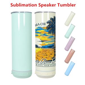 20oz Sublimasyon Macaron Bluetooth Hoparlör Tumbler Sublimasyon İnce Düz Tumbler Kablosuz Akıllı Müzik Bardakları Paslanmaz Çelik Akıllı Su Şişesi