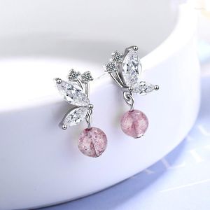 Stud Earrings Strawberry Colour Ball Crystal Butterfly Earring For Women Girl Lady Fine Jewelry Gift S925 Silver Zircon