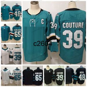 Camisas masculinas de hóquei c2604 48 Tomas Hertl 39 Logan Couture 65 Erik Karlsson Camisas costuradas Teal Black S-XXXL