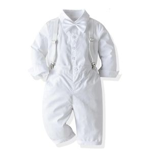 Kleidungssets für Kinder, Jungen, formelle Kleidung, Anzug, weiße Schleife, Hemd, Langarm, Taufkleid, solide Hosenträger, Hosen, Party, Hochzeit, hübsches Kleinkind-Set 230605