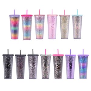 Star Tumblers Çift Katmanlı Şeffaf Yeşil Soğuk Plastik Tumbler Samanlı Büyük Kapasiteli Yaratıcı 710ml Ombre Glitter Akrilik Tumbler El Kupaları B0059