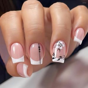 Unhas postiças moda tinta pintura manicure conjunto de cabeça quadrada pressione na franja branca francesa pontas de unhas falsas com desenhos