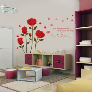 Romantic Hot Sale Removable Red Rose love Life Is The Flower Quote Wall Sticker Mural For DIY Decal Home Room Art Decoration