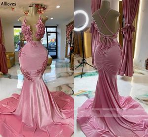 Velvet Pink Arabic Aso Ebi Mermaid Evening Dresses Floral Lace Spaghetti Straps Slim Fitted Prom Party Gowns Criss-cross Straps Back Special Occasion Wear CL2375