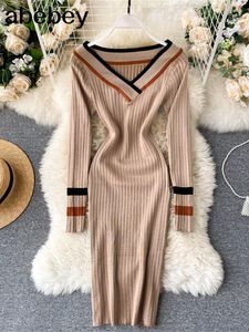 Casual Dresses Spring ColorBlock Elegant Pencil Dress Women Simple Elastic Sticked Mante Bodycon Slash Neck Office Vestido