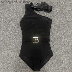 Damen-Bademode, Badebekleidung, 2023, Damen-Neuheiten, Hosenträger-Metall-Buchstabengürtel, sexy schwarze schlanke Bodys, Damen-Einteiler-Badeanzug, Monokini, T230606