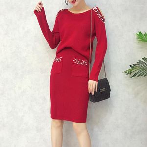 Work Dresses Amolapha Women Peals Sweater Tops Skirt Suits Long Sleeve Off Shoulder Pullovers Elegant Woman Knitted Jumpers Skirts Set