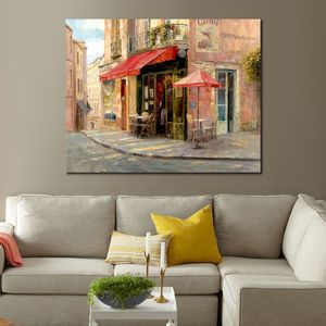 Współczesny krajobraz uliczny płótno Wall Art Hillside Cafe Ręcznie malowany obraz olejny Impresjonistyczny grafika do wystroju kuchni