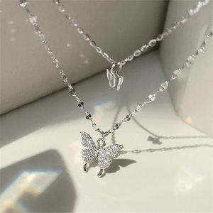 Подвесные ожерелья серебряный цвет блестящий колье с бабочкой для женщин мода двойной клавиш.