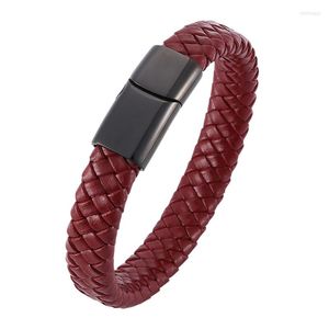 Charm Bracelets 2023 Men Bracelet Wine Red Leather Braided Male Handmade Jewelry Punk Stainless Steel Magnetic Clasp Man Bangles SP0021