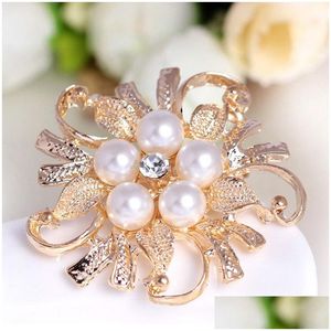 Pins Brooches Crystal Pearl Flower Pins Cor Sier Gold Brooch Wedding Gift Drop Delivery Jewelry Dhr8G